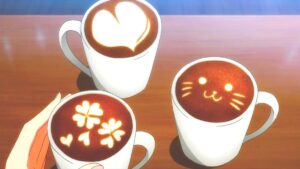 three lates with cute latte art sitting on a wooden table. Flowers, heart, and cat face made from latte foam. anime style art.