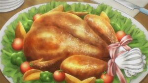 Full bird roasting on a plate surrounded by greens. Chicken or turkey.