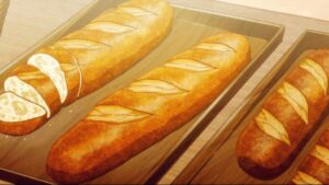 Sliced French Bread loaves on a wooden cutting board. Anime style baking art