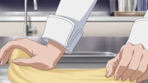 Chef kneading a dough with long sleeve chef jacket on. Anime style baking art.