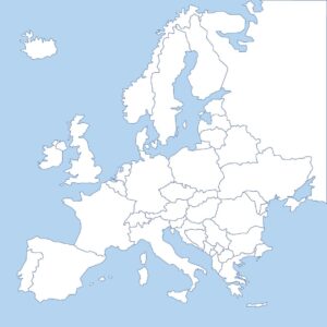 Map of europe, blue with a white map. Outlines of Countries.