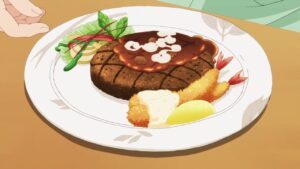 Steak and shrimp with a small side of vegetables on a white plate that's sitting on a wooden table. Anime Style Art