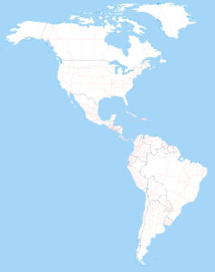 Map of north america, canada, and South America. Blue to depict water and white to show land with state outlines.