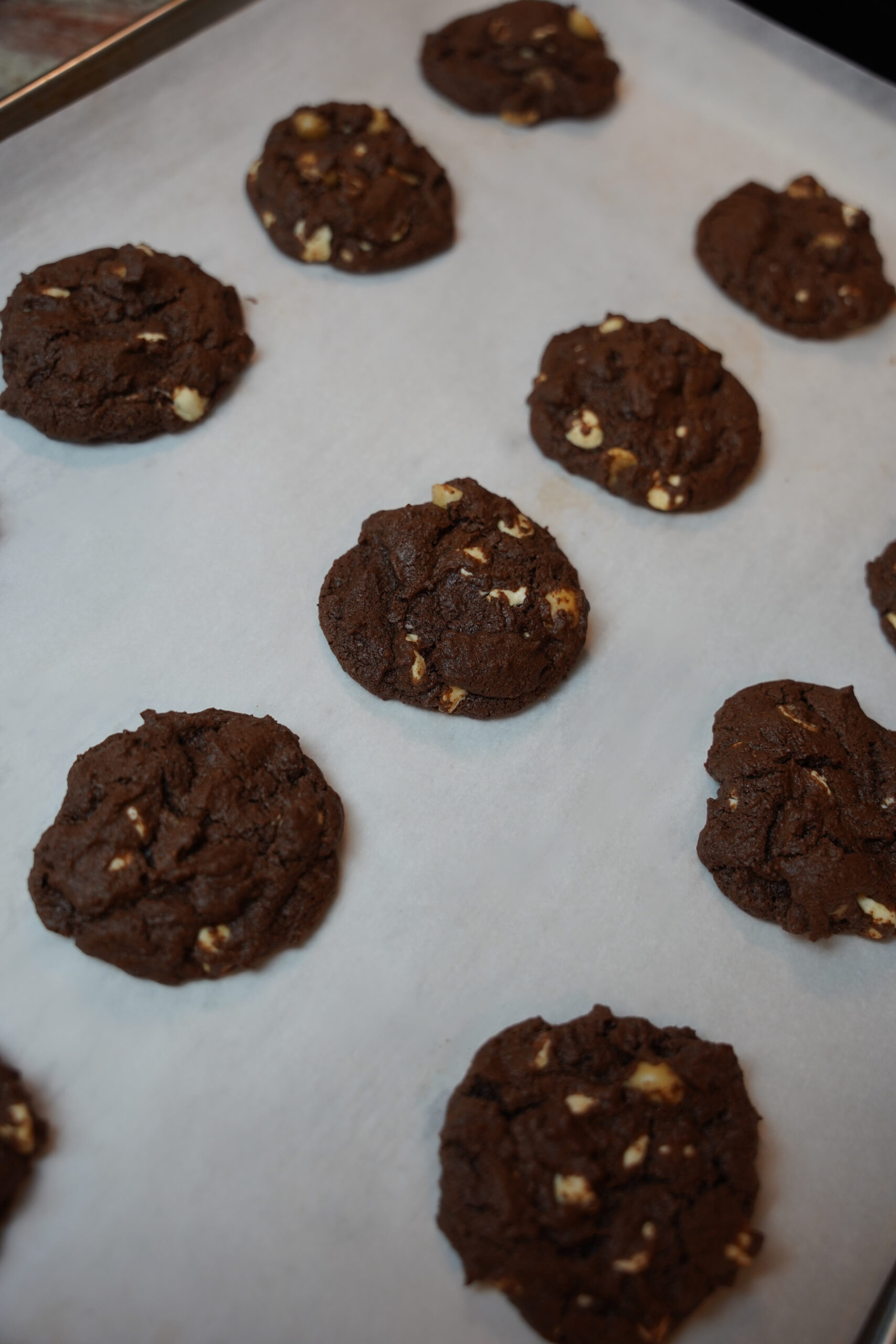 Double Chocolate Macadamia Nut Cookies baked and sitting on a cookie sheet with parchment paper.
