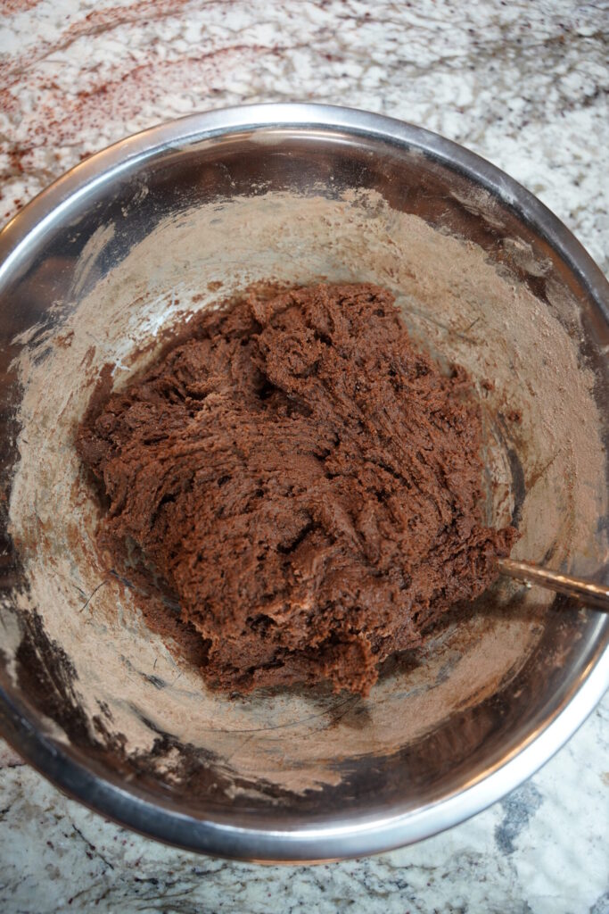 chocolate cookie batter mixed.