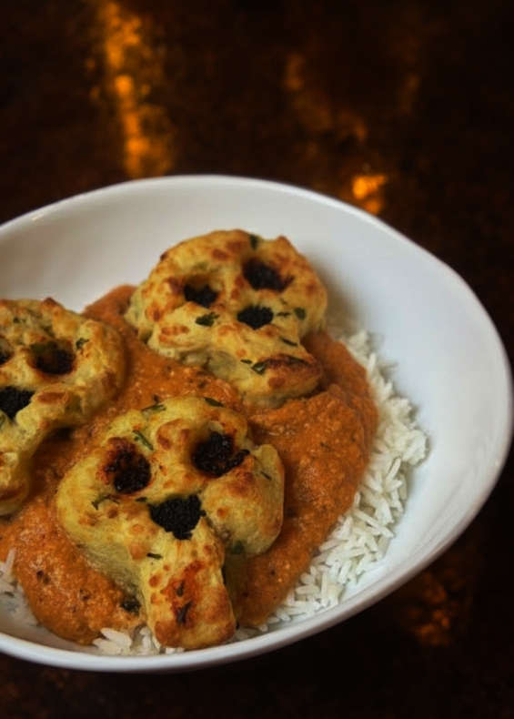 Skull Shaped Malai Kofta dish by Dakota-Delights. Jasmine rice topped with tomato curry and golden potato paneer shaped into a skull on the top. In a white bowl on a copper table.