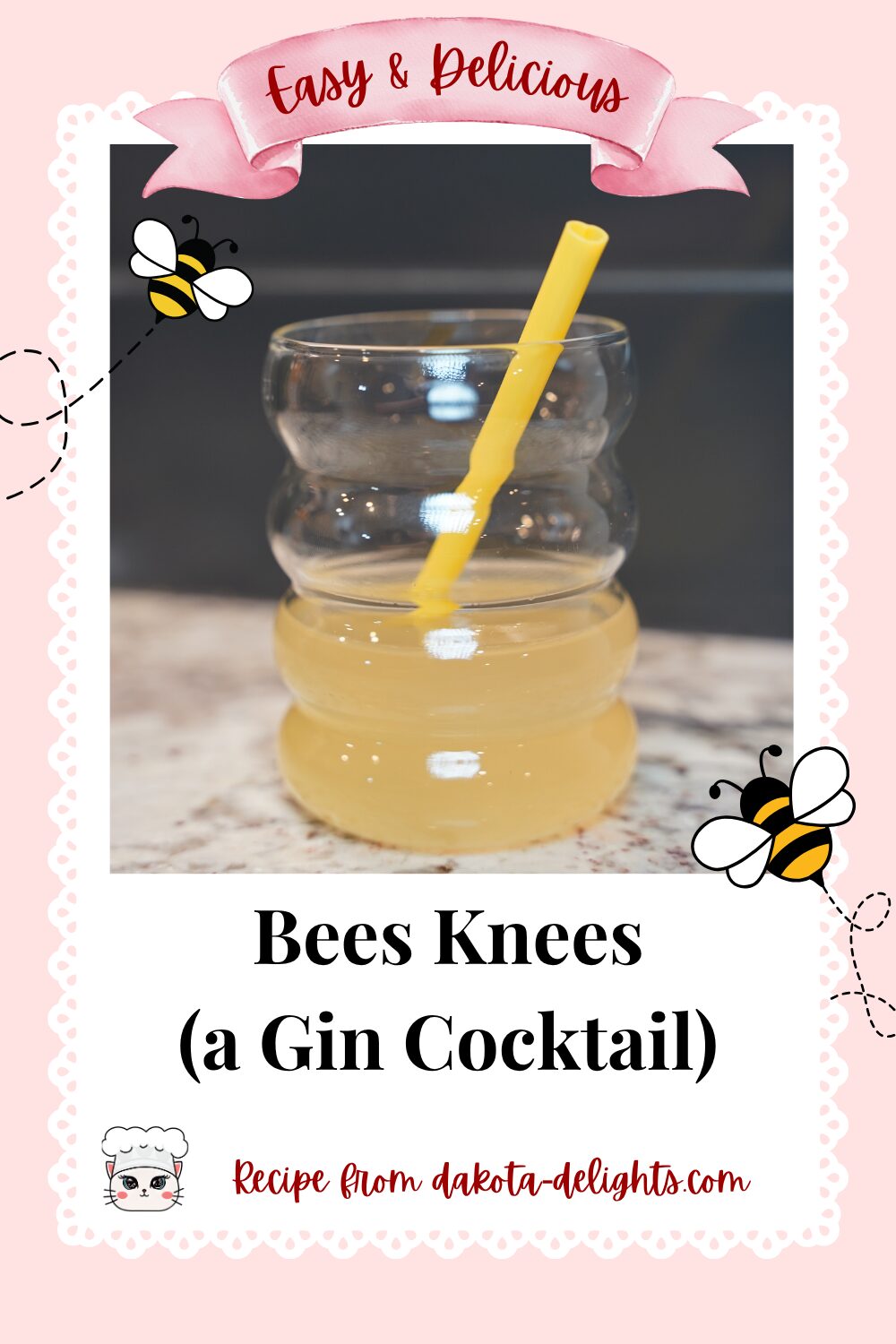 Bees Knees Cocktail Graphic. Pink background, lace frame, and bumble bees flying