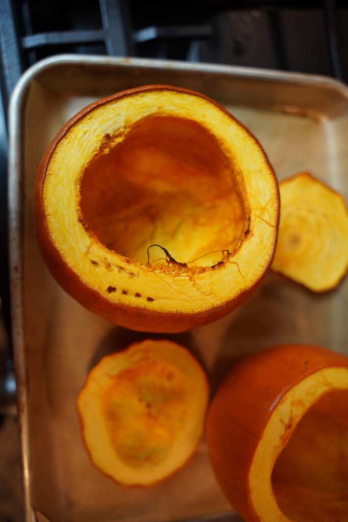 Pie pumpkins after roasting. Fork tender and ready to be scooped into soup.