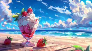 healthy anime dessert of fruit and whipped cream sitting on a table at the beach with the ocean in view.