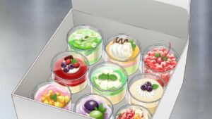 Anime style jelly desserts with fruit and delicious green garnish.