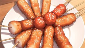 Many meat skewers on a white plate with meat balls in the center. Anime style art.