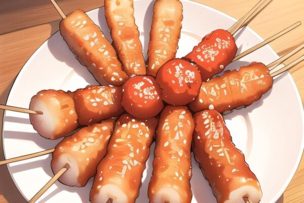 Many meat skewers on a white plate with meat balls in the center. Anime style art.