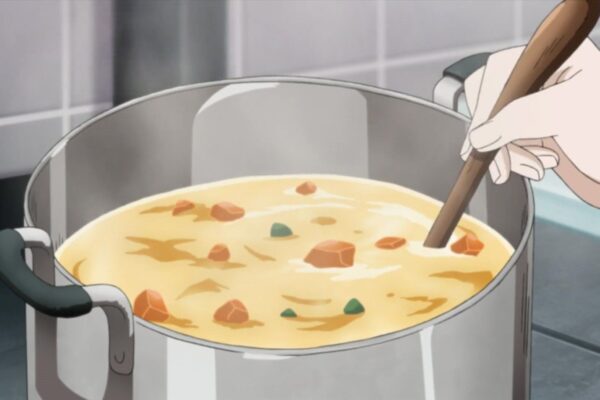 anime style pot of soup with a hand stirring a wooden spoon.