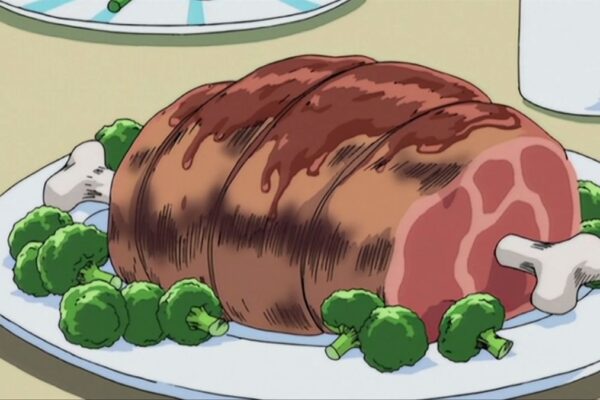 large bone in pork sitting on a white plate surrounded by broccoli. Anime Style Art