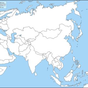 Map of asia with a blue background and white land. Outlines of countries.