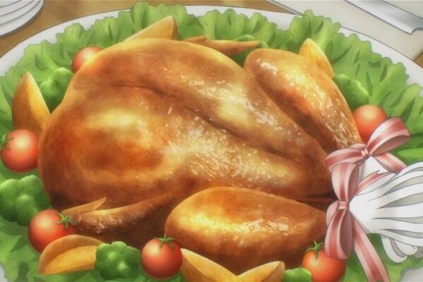 Full bird roasting on a plate surrounded by greens. Chicken or turkey.