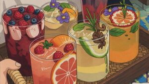Six delicious juices being carried on a wooden tray with fresh fruits and herbs inside for garnish. Anime Style Art.