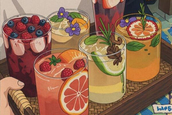 Six delicious juices being carried on a wooden tray with fresh fruits and herbs inside for garnish. Anime Style Art.