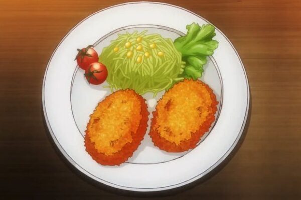 Potato hash browns and vegetable sides on a white plate. anime style art.