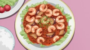 shrimp and mushrooms in a red sauce and surrounded by a large piece of lettuce on a white plate. Anime Style Art