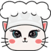 Dakota-Delights Logo on a transparent background. Cute white kawaii kitty cat with a white chef hat on.