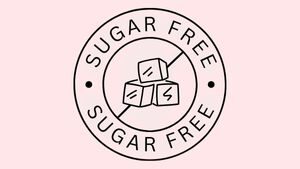 soft pink background with three sugar cubes in the middle and a line through it. around the inner circle is text reading "SUGAR FREE"