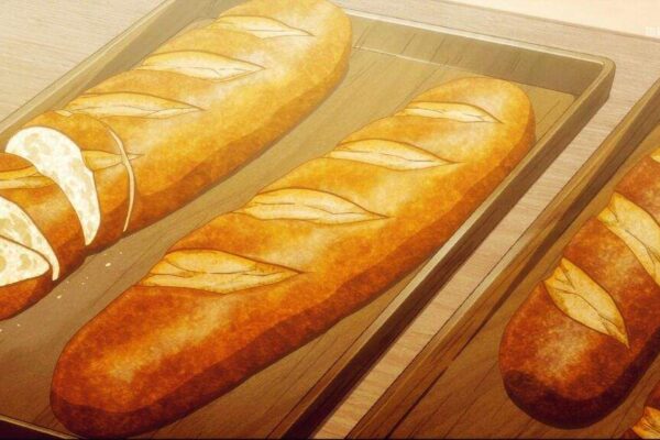 Sliced French Bread loaves on a wooden cutting board. Anime style baking art