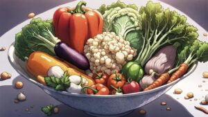 a bunch of fresh raw veggies in a large bowl. anime style art.