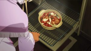 A pot of hearty and chunky soup being placed into an oven. Anime Style Art