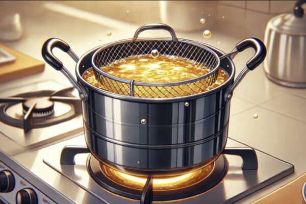 anime style art of a pot on a stove top with a fry basket in it and golden oil bubbling