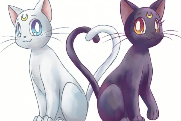 Luna and Artemis (cats) from sailor moon, one white and one black, sitting next to each other with their tails up in the air to form a heart.