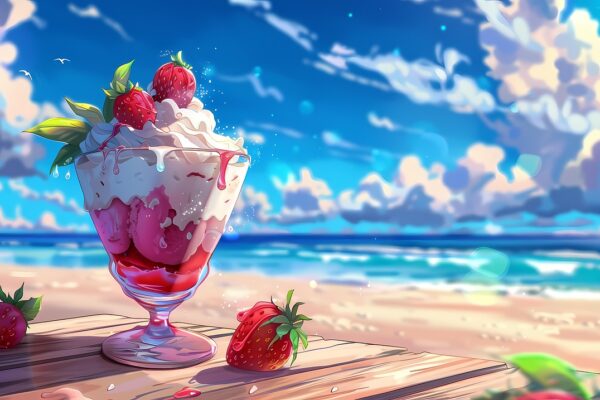 healthy anime dessert of fruit and whipped cream sitting on a table at the beach with the ocean in view.