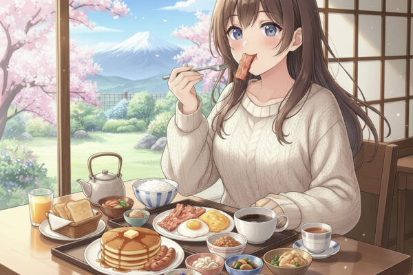 Anime girl with brown hair and blue eyes eating a delicious american breakfast spread. Complete with bacon, eggs, bread, pancakes, fruit, coffee, tea and more. Shes eating bacon while sitting in front of a window.