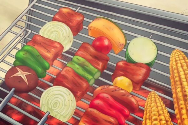 anime style meat and veggie kabobs on a grill