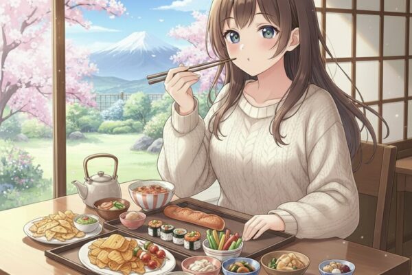 Anime girl sitting at a wooden table with a wide variety of snacks, she has bread, chips and quacamole, tea, sushi and kebabs. Feeding herself with chopsticks in front of a window.
