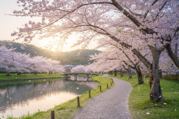 Anime style spring landscape with cherry blossom trees, a walking path, a fence, and a creek like water feature.
