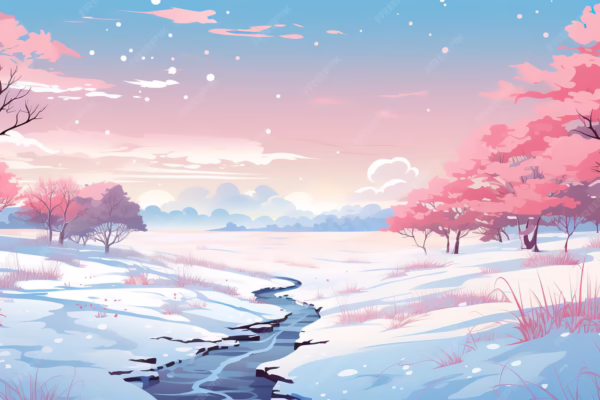 Anime style winter landscape with snow, a beautiful sunset, and cherry blossom trees. There is a small stream of water flowing down the middle of the snow.